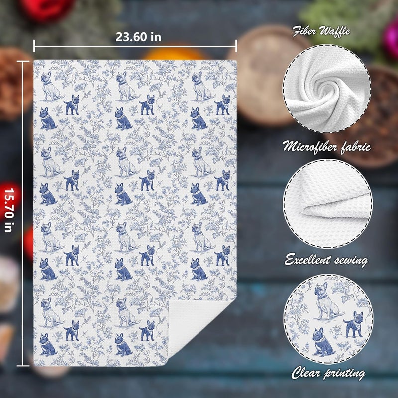 Nipil Chinoiserie French Bulldog Kitchen Towels, Blue and White Floral Botanical Grandmillennial Dog Decor Dish Tea Towels, French Bulldog Gifts Hand Towels for Kitchen Bathroom, 16x24 Inch - Image 2